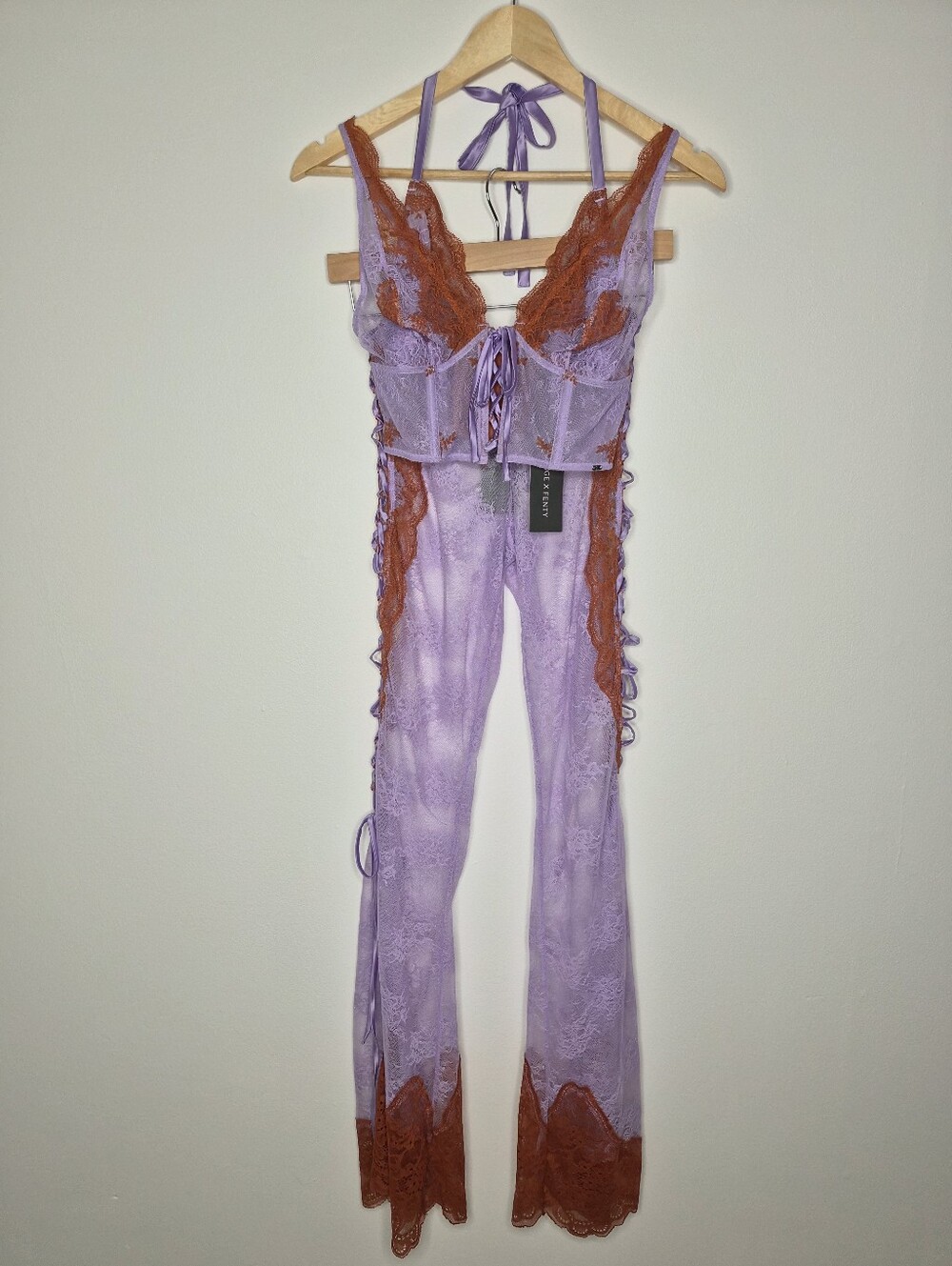 Savage X Fenty Lavender Orange Lacestruck Halter Cami Top & Flared Pant Set NWT